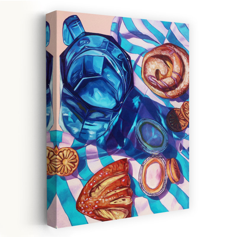 «Vibrant Blue Pitcher and Pastries», art mural contemporain abstrait, H 60 po x l 40 po
