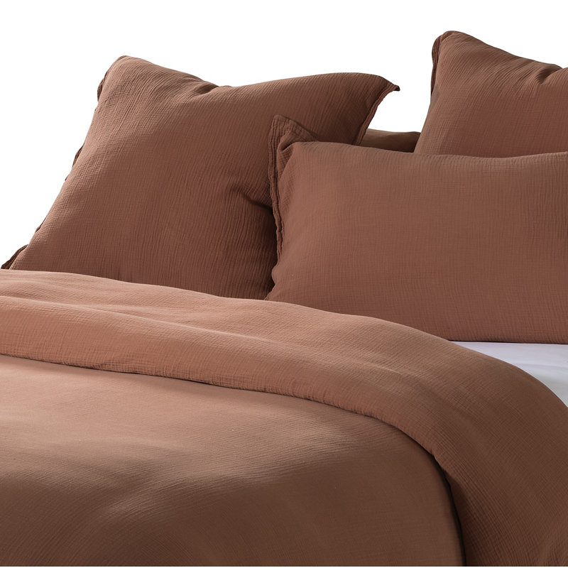 Ensemble de housse de couette 100% mousseline de coton Muslin, Housse de couette pour grand lit et 2 taies décor, Brun