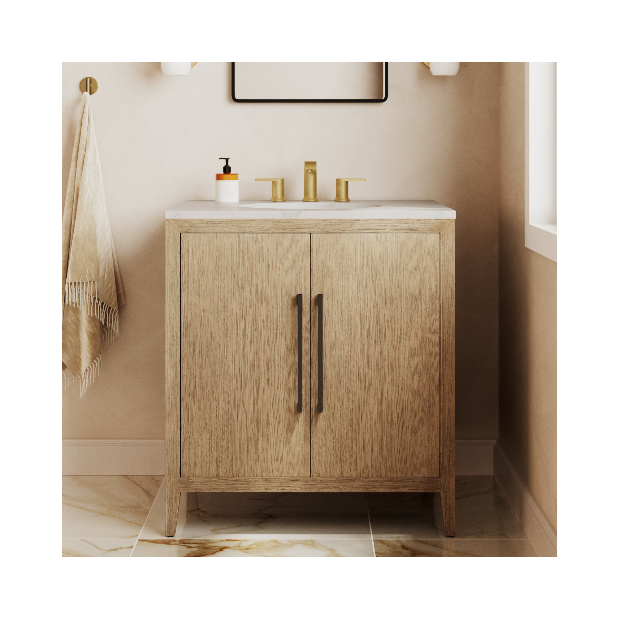 Alsup 30" Single Vanity with Quartz Top, Wire Brushed Oak, White