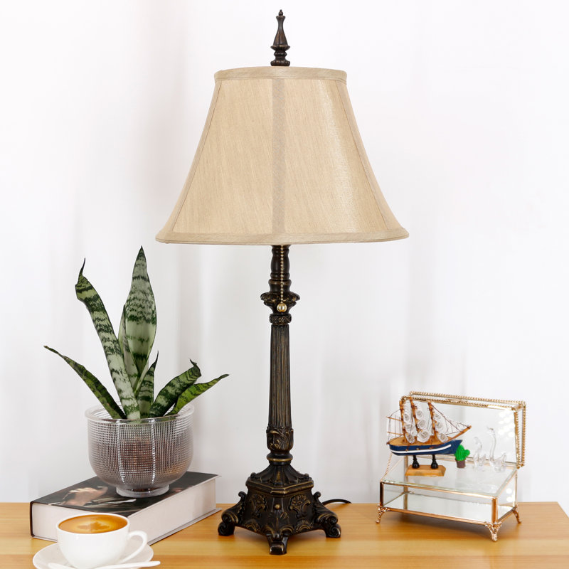 Antique Resin Farmhouse Table Lamp, Faux Silk, Light Pink