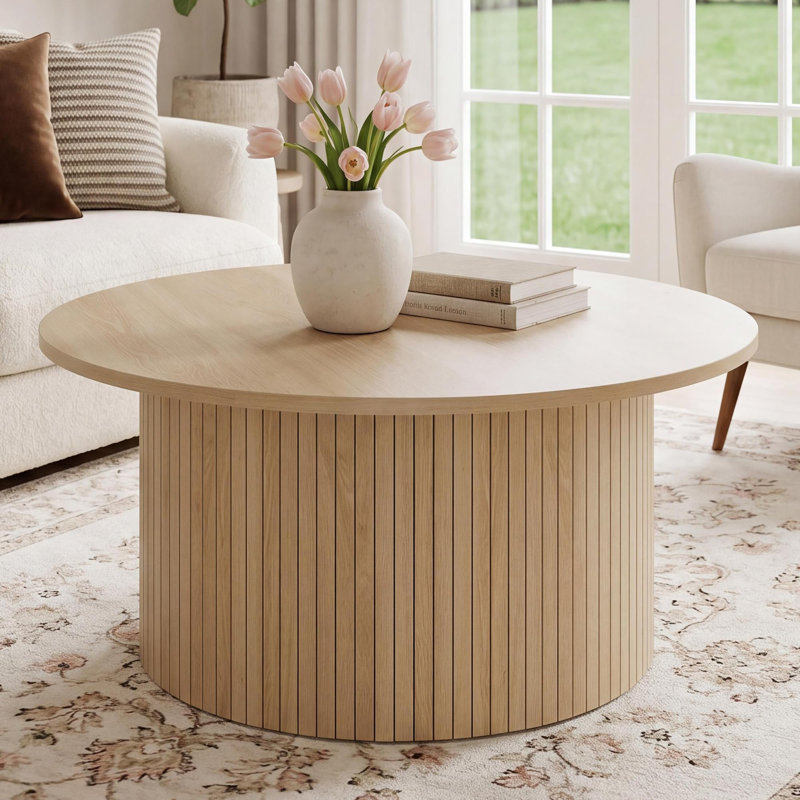 31.5" Fluted Round Coffee Table for Living Room, Small Circle Accent Center Table with Metal Frame, Floor Table for Sitting on the Floor, Home, Office, Oak