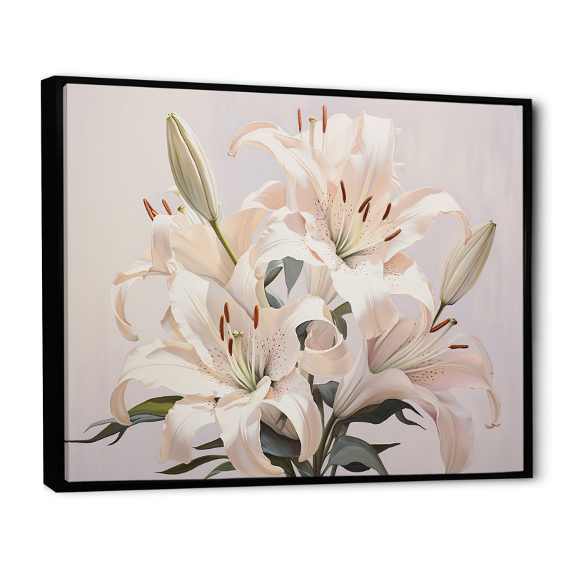 Lys blancs en fleur II sur toile, H 16 po x l 32 po x P 1 po, Cadre flottant noir