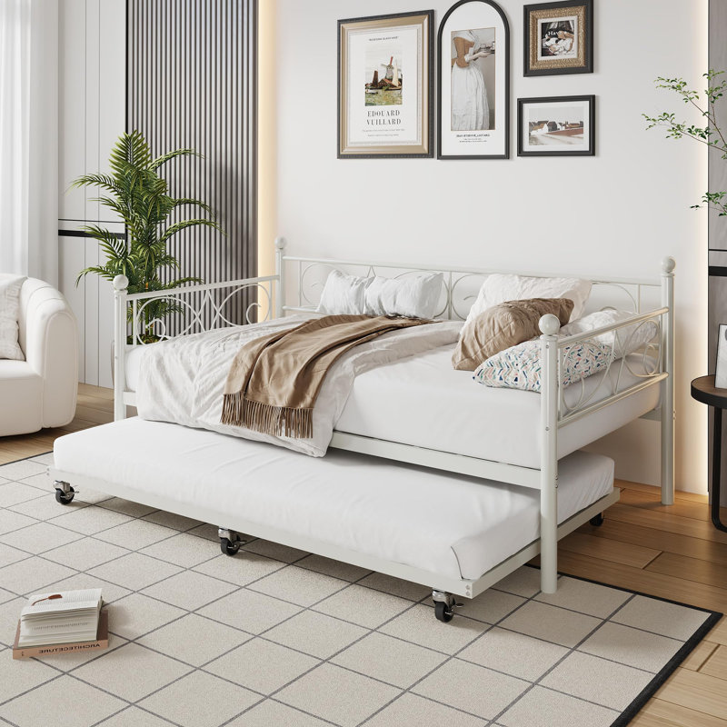 Daybed with Trundle Bed, Twin Size Metal Sofa Bed Frame with Floral Headboard and Pull-Out Trundle, White