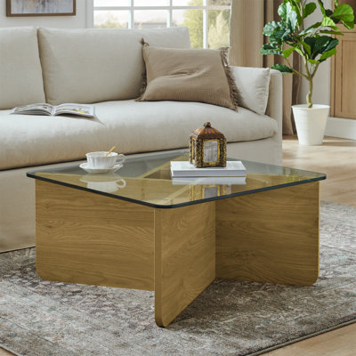Table basse en verre de 31,5 pouces, table basse carrée moderne de style Mid-Century, table basse de salon en bois, table basse carrée avec plateau en verre trempé, table décorative unique pour petits espaces