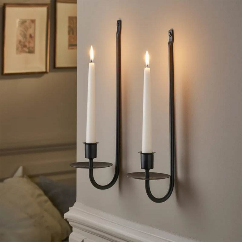 Wall Candle Sconces Set of 2, Black Metal Taper & Pillar Candle Holders, Modern Wall Decor for Entryway, Living Room, Stairway & Bedroom