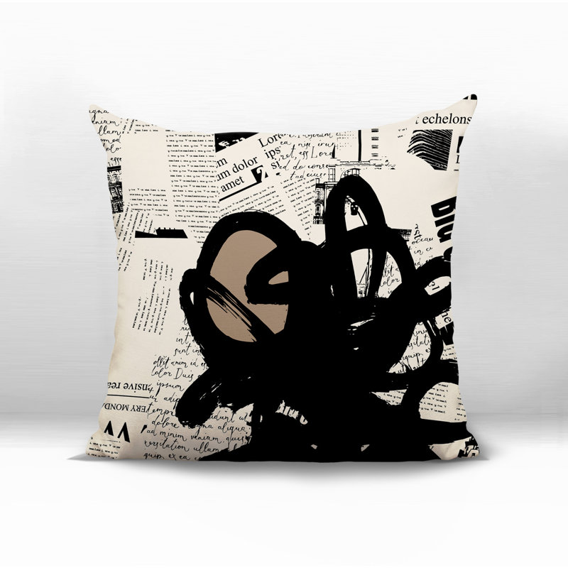 Coussin Cena, Beige / noir / blanc cassé abstrait, H 17 po x l 17 po