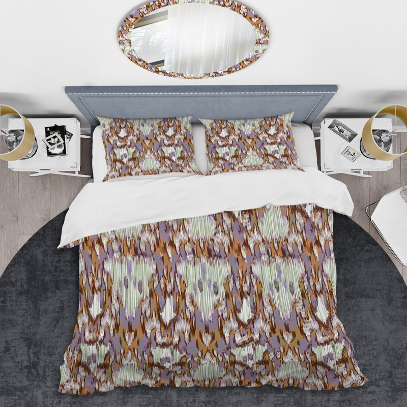 Brown Ikat Ogee - Ensemble de housse de couette abstrait - Microfibre de polyester