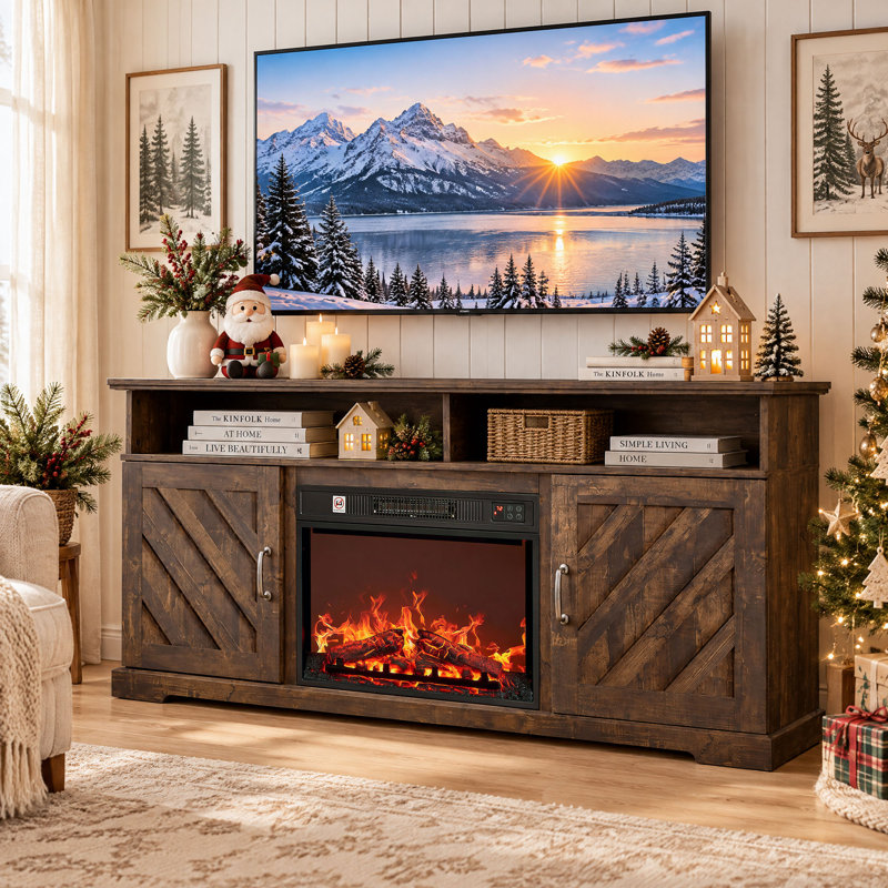Farmhouse TV Stand for TVs up to 70" with 23" Electric Fireplace, Adjustable Shelves & Cabinet Storage, Brown