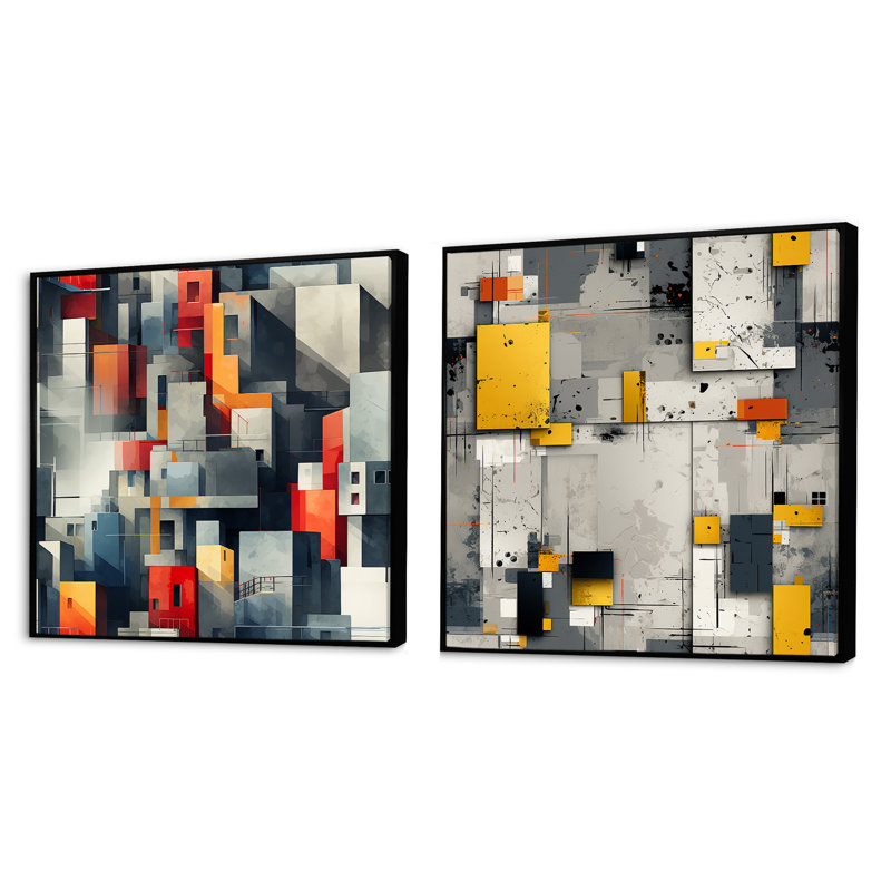 Coryden - Ensemble de 2 collages carrés à formes abstraites, Cadre flottant noir, H 16 po x l 33 po