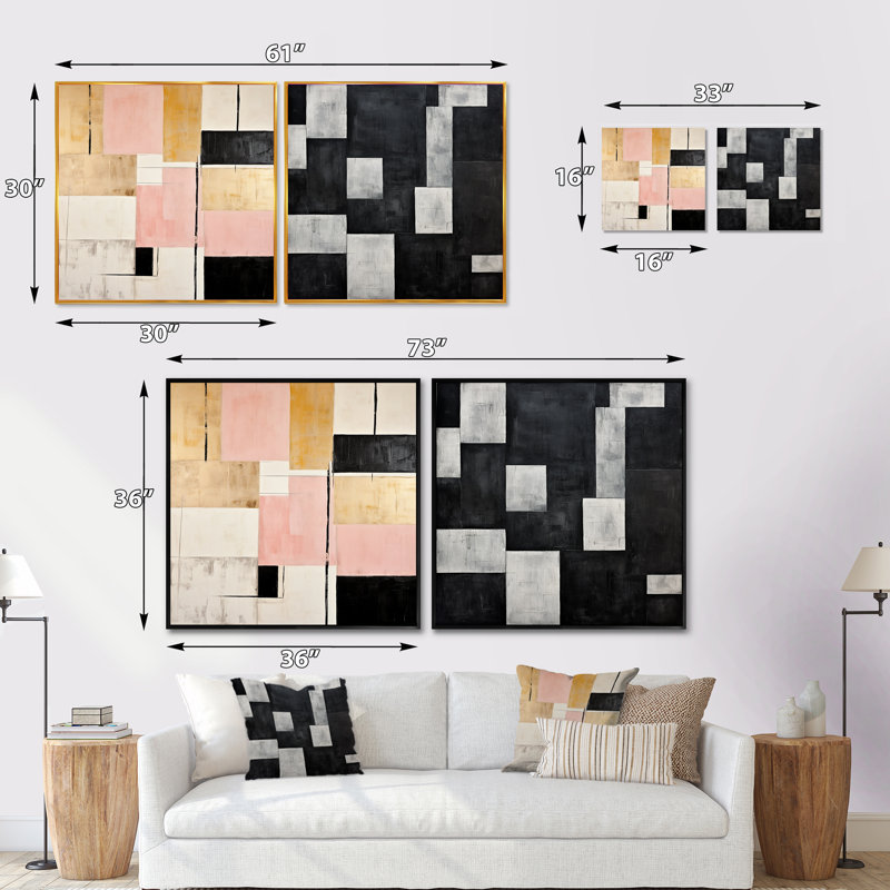 Rose et noir cubisme rêve - formes abstraites carrées collage ensemble de 2, Cadre flottant doré, H 36 po x l 73 po