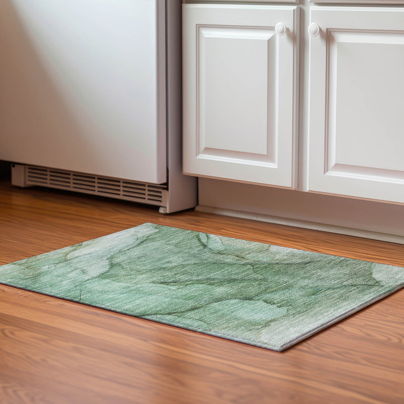 Premium Machine Washable Cerrito AMF607 Green Rug, Rectangle 1'8" x 2'6"