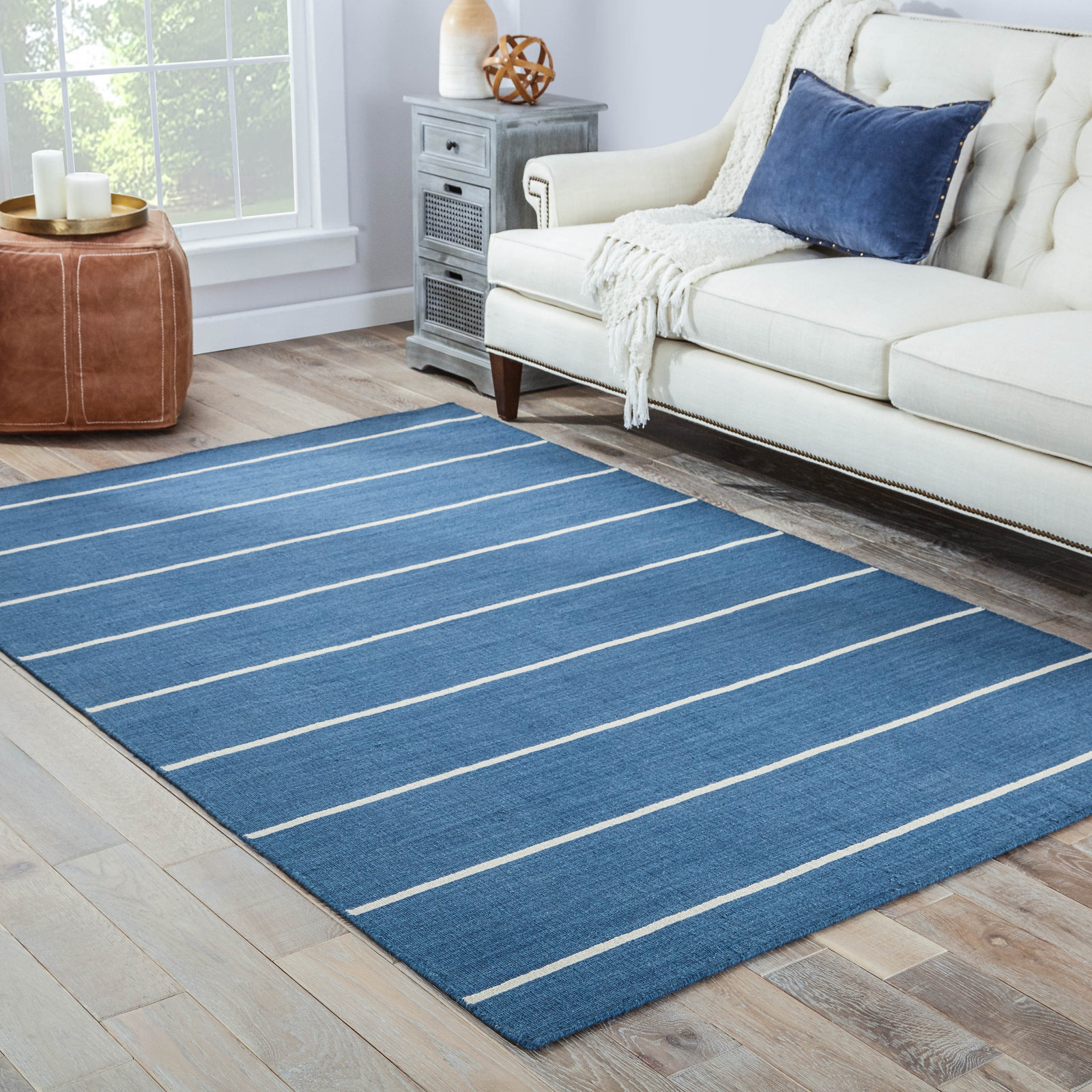 Creekmont Blue Cream Hand-Woven Striped Wool Rug, Rectangle 9' x 12'