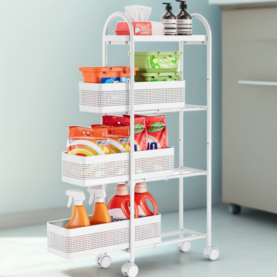 Chariot de rangement à roulettes étroit avec paniers coulissants, organisateur utilitaire étroit avec roulettes verrouillables, étagère métallique peu encombrante pour la cuisine, la salle de bain, la buanderie et le bureau, blanc