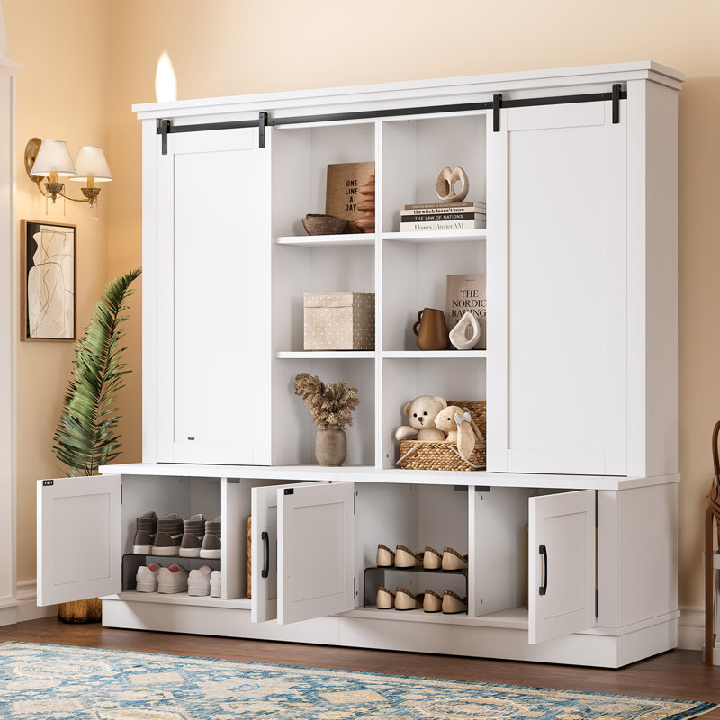 Multifunctional Entryway Cabinet with Sliding Doors – Industrial Storage Unit for Living Room & Hallway,White, White