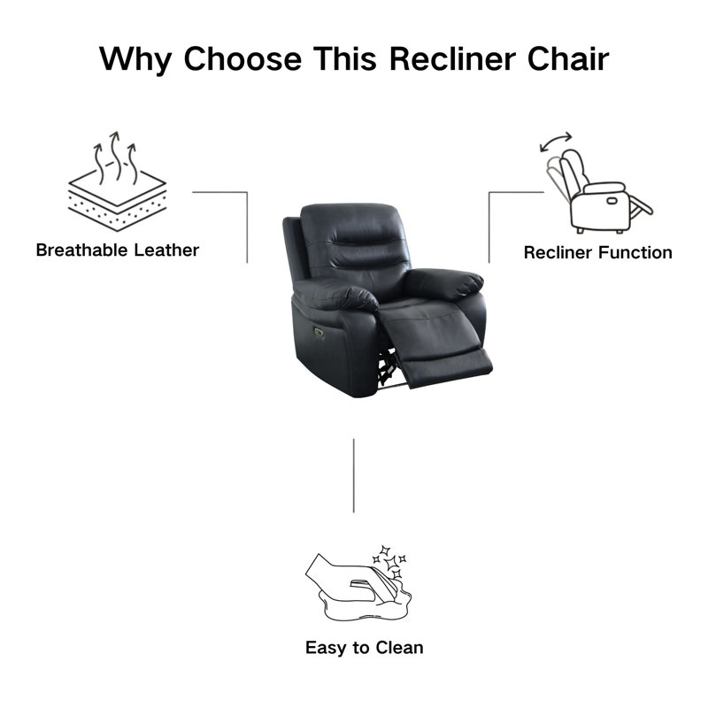 Fauteuil inclinable électrique 42 po, fauteuil électrique avec charge USB et éclairage DEL ambiant, cuir noir respirant