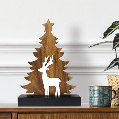 Wooden Christmas Tree Sculpture with Reindeer Cutout for Home Decor Table Top Decor and Shelves