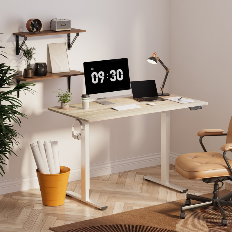 Bureau de travail debout à hauteur ajustable ergonomique avec crochets, H 46,5 po x l 47,3 po x P 23,6 po, Brun clair / jaune