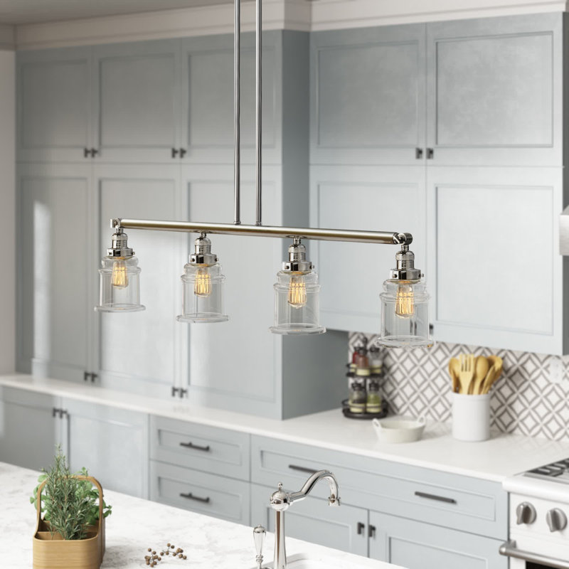 Luminaire suspendu linéaire à 4 lumières pour îlot de cuisine Galaviz, Grainé, Nickel poli, Ampoule à DEL rétro de 6 watts