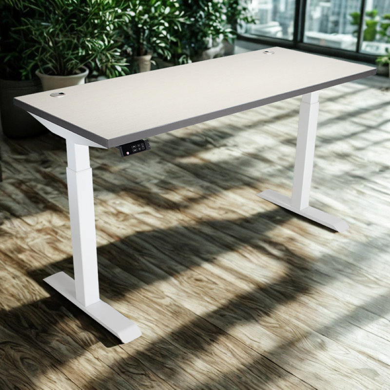 Skyscraper Electric Height Adjustable Standing Desk, Dual Motor and Digital Control with Memory, 60x24, Grey Strand Top with White Frame