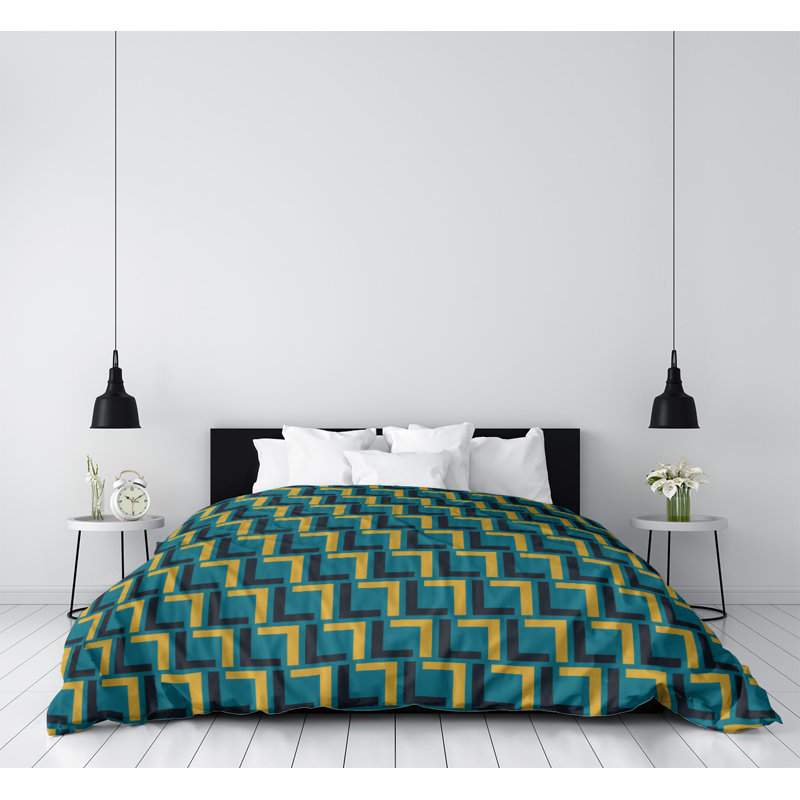 Polyester Geometric Shapes Duvet Cover, Teal/Black/Gold, King Duvet Cover, Brushed Polyester