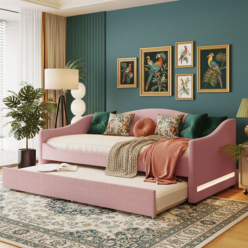 Twin Size Teddy Fleece Daybed With Trundle And Smart LED Lights - Upholstered Sofa Bed - Beige, Twin, Pink