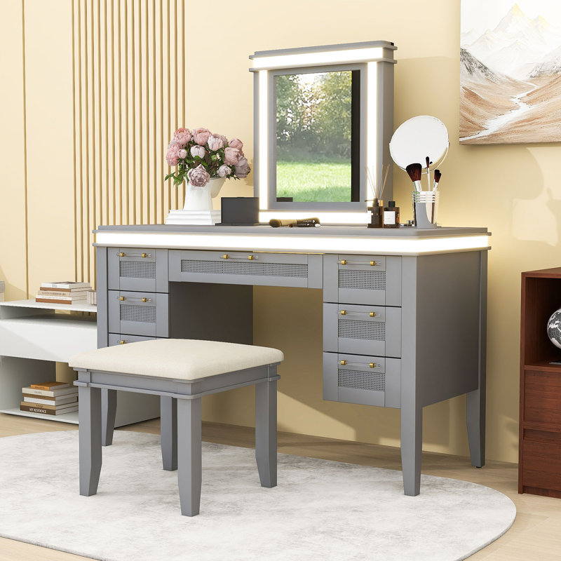 Makeup Vanity Table with 7 Storage Drawers, LED Mirror and Padded Stool, Gray Blue
