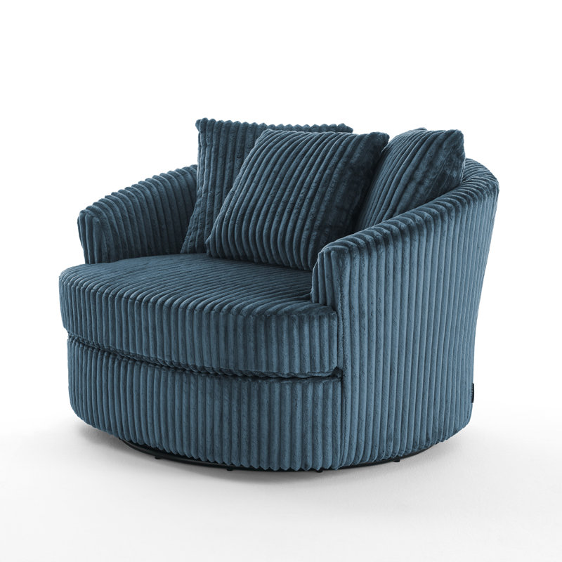 Ultra Plush Faux Rabbit Fur Oversized Swivel Barrel Chair with Three Pillows, Blue