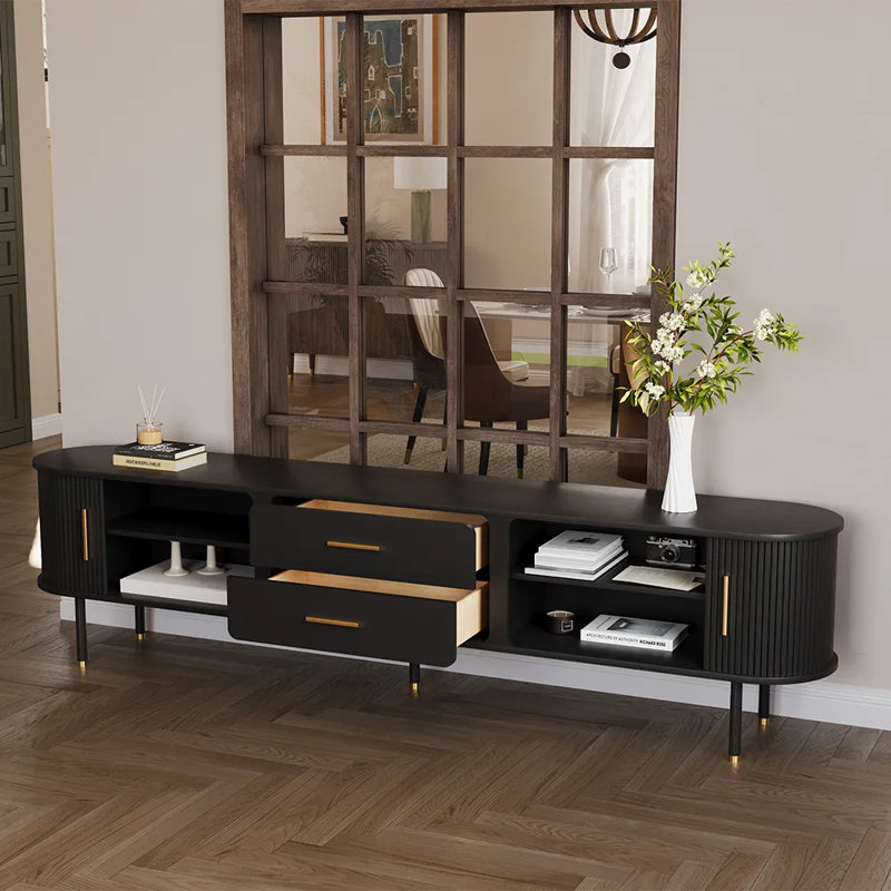 Mid-Century Modern TV Stand, Minimalist Wood Media Console with Roller Shutter Door, Black, 23.62"H x 94.49"L x 15.75"W