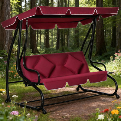 Banc pivotant rouge à 3 places, auvent réglable, coussin amovible et porte-gobelets, pour véranda, jardin, convertible en lit extérieur, coussin coulissant en acier thermolaqué, au bord de la piscine, haut