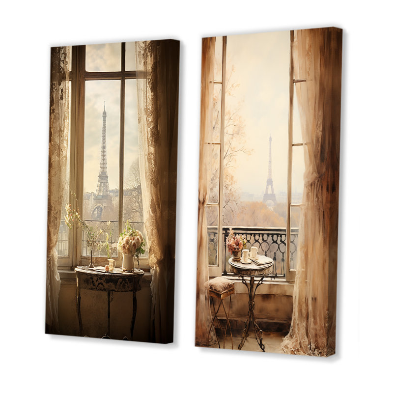 «Rustic Eiffel Tower Paris Window View I - Paris», ensemble de 2 reproductions d'art mural, H 28 po x l 25 po, Toile tendue