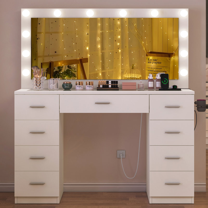 Coiffeuse de maquillage avec grand miroir éclairé et prise de courant, coiffeuse avec 12 lumières DEL, 3 couleurs d'éclairage réglables, blanc