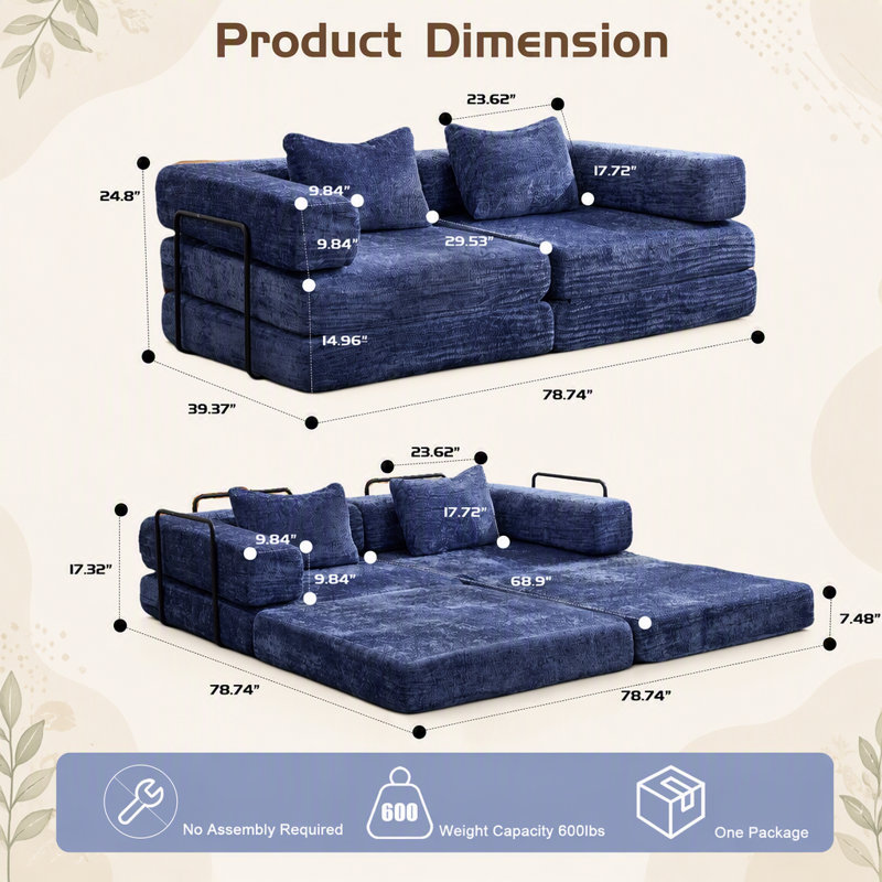 Canapé-lit convertible à compression avec cadre fixe en forme de -, canapé d'angle modulaire sans ossature ne nécessitant aucun assemblage, idéal pour divers espaces de vie