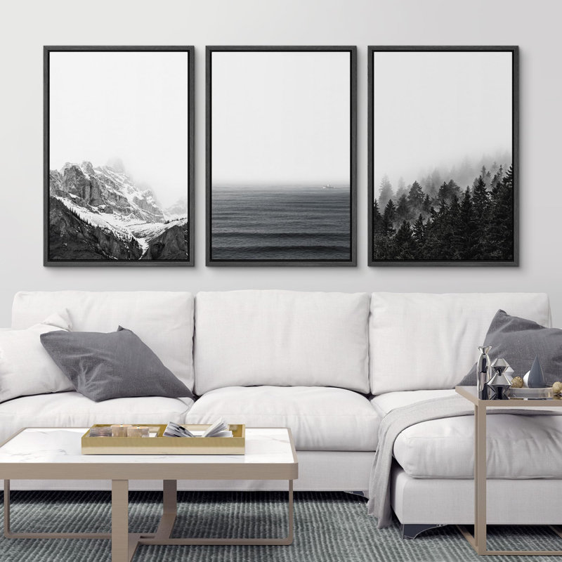 "Noir et blanc, paysage de montagne, illustrations, art moderne, salon, chambre à coucher, bureau", 3 pièces, Noir
