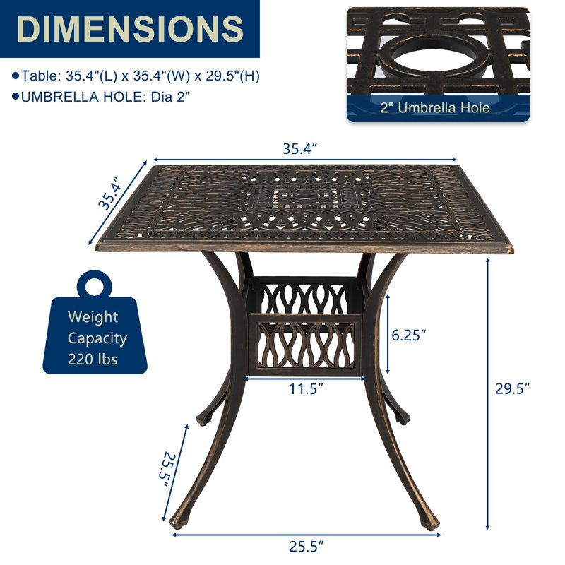Wyeth Square Metal Outdoor Dining Table With Umbrella Hole , 35.4'' in. W 35.4'' in. D