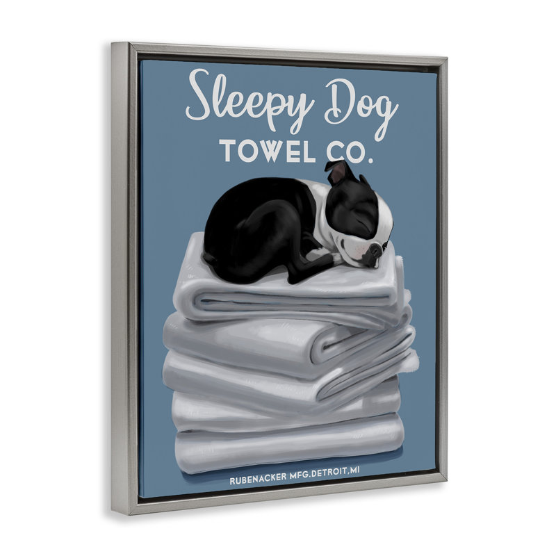 «Sleepy Dog Towel Co.» par Boston Rubenacker, H 31 po x l 25 po, Cadre flottant gris lustré