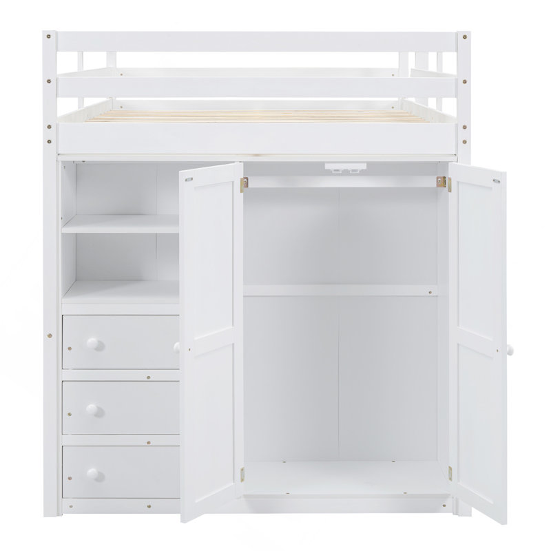 Lit mezzanine double en bois avec garde-robe intégrée, bureau, tablettes et tiroirs, blanc
