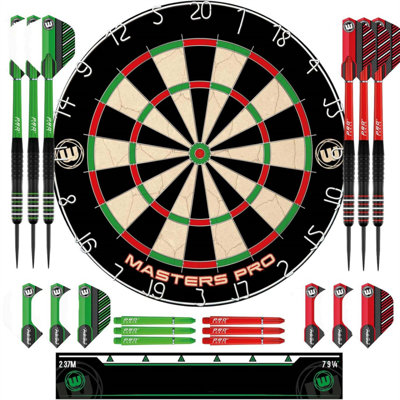 Fléchettes - jeu de fléchettes à poils de qualité supérieure Master Pro - comprend jeu de fléchettes, fléchettes, volées, arbres et bande Oche - jeu de fléchettes à pointe en acier professionnel et jeu de fléchettes pour adultes