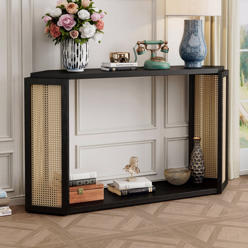 Console étroite avec plateau unique irrégulier, table d'entrée avec tablette ouverte, canapé en rotin, Noir