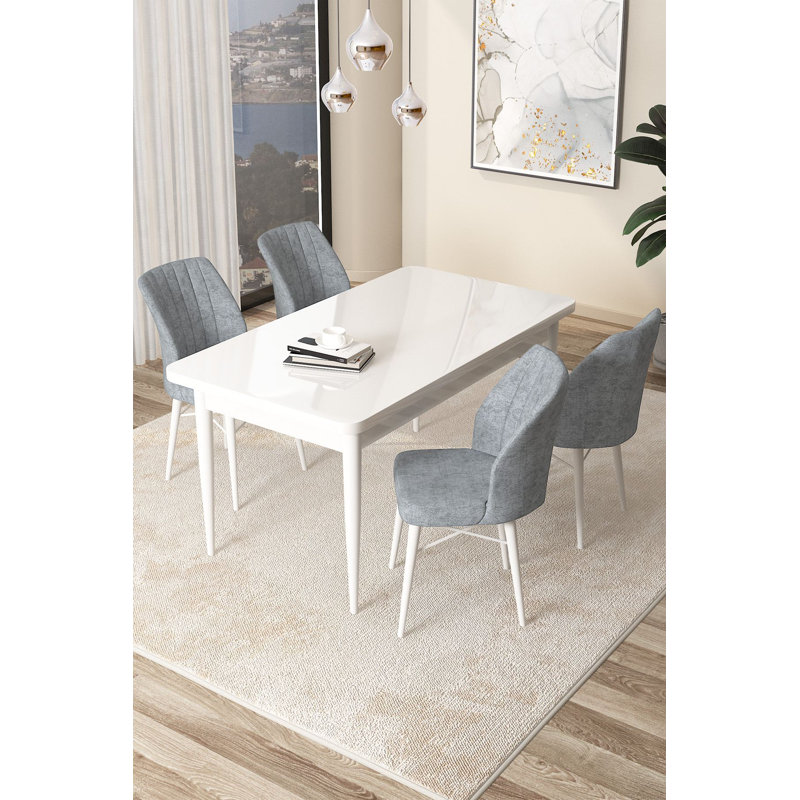 Ensemble de table et chaises de salle à manger moderne 5 pièces, blanc et gris, 43,3 po x 29,9 po x 27,9 po | Panneau de particules 100% mélaminé avec pieds en bois et structure en métal | Tissu Jerry confortable, parfait pour les salles à manger de style scandinave