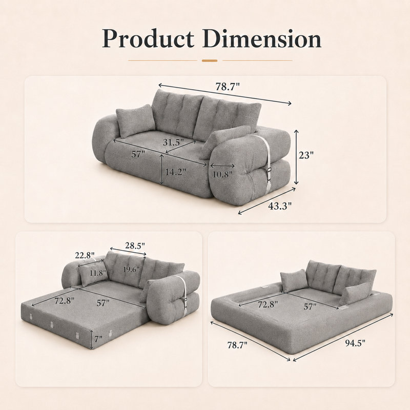 Canapé-lit convertible en chenille avec coussins, Gris, Molleton pelucheux gris