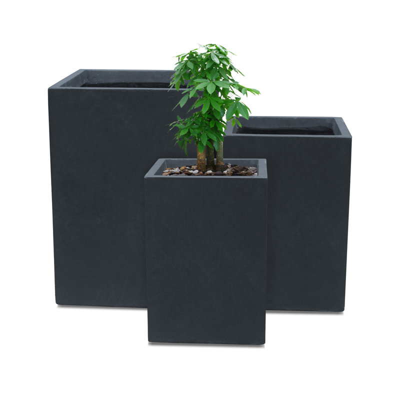 Charcoal Finish Concrete Tall Square Planter Set, 19", 16" and 13"H