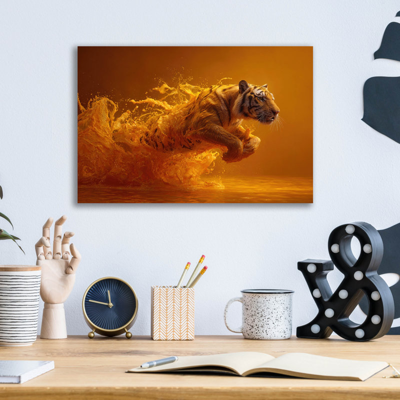Art mural en verre épique «Émergent tigre» par Ann Klee, 16 po x 12 po