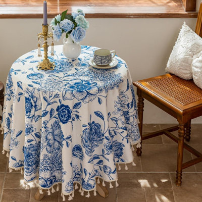 60 Inch Floral Round Cotton Linen Tablecloth With Tassels, Table Cover For Restaurant, Picnic, Indoor & Home Decoration, Blue Floral