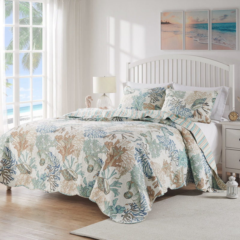 Ensemble de courtepointe réversible Atlantis Coastal, Courtepointe double / grand et 2 taies décoratives, Jade