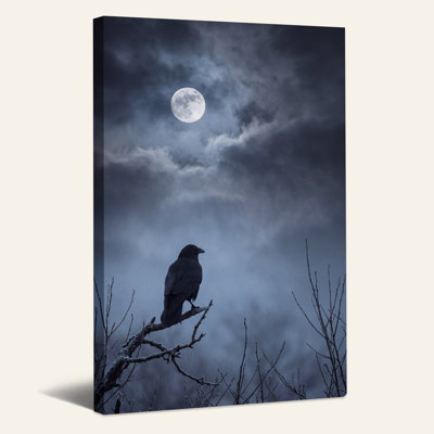 Corbeau noir sur une branche enneigée sous la pleine lune - Toile murale d'Halloween