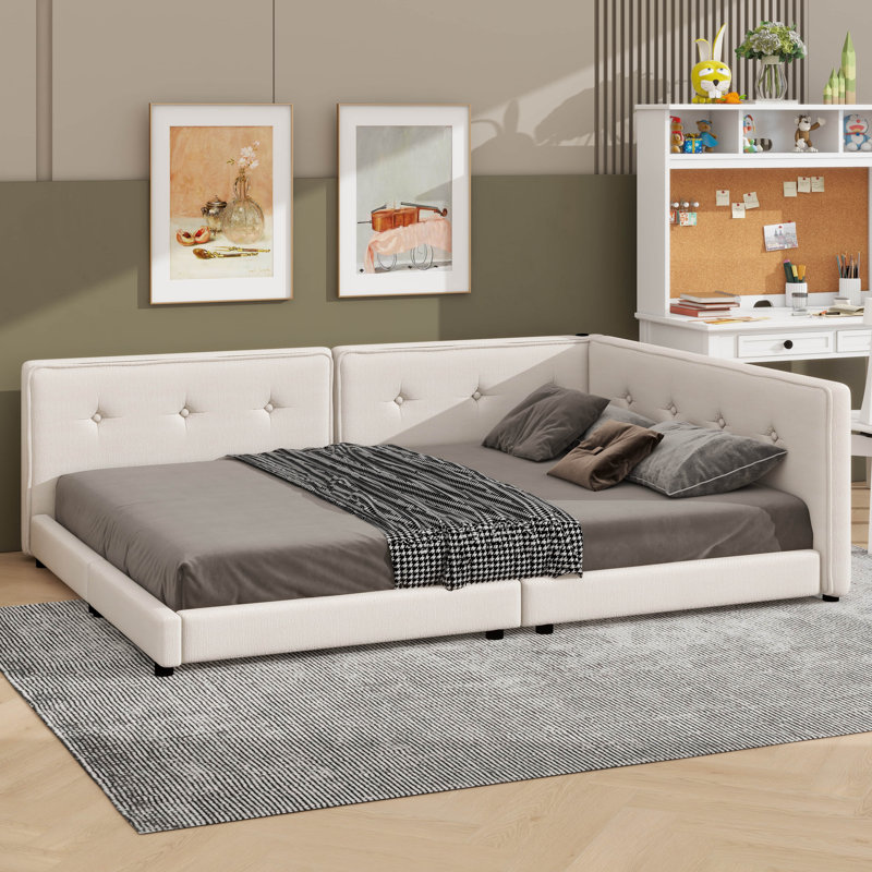 Lit plateforme tapissier avec ports USB, Beige, Lit double