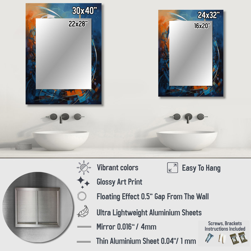 Orange And Blue Geometric Equilibrium IV - Geometric Decorative Wall Mirror, Blue Mirror, Printed Metal Art, 40" x 30"