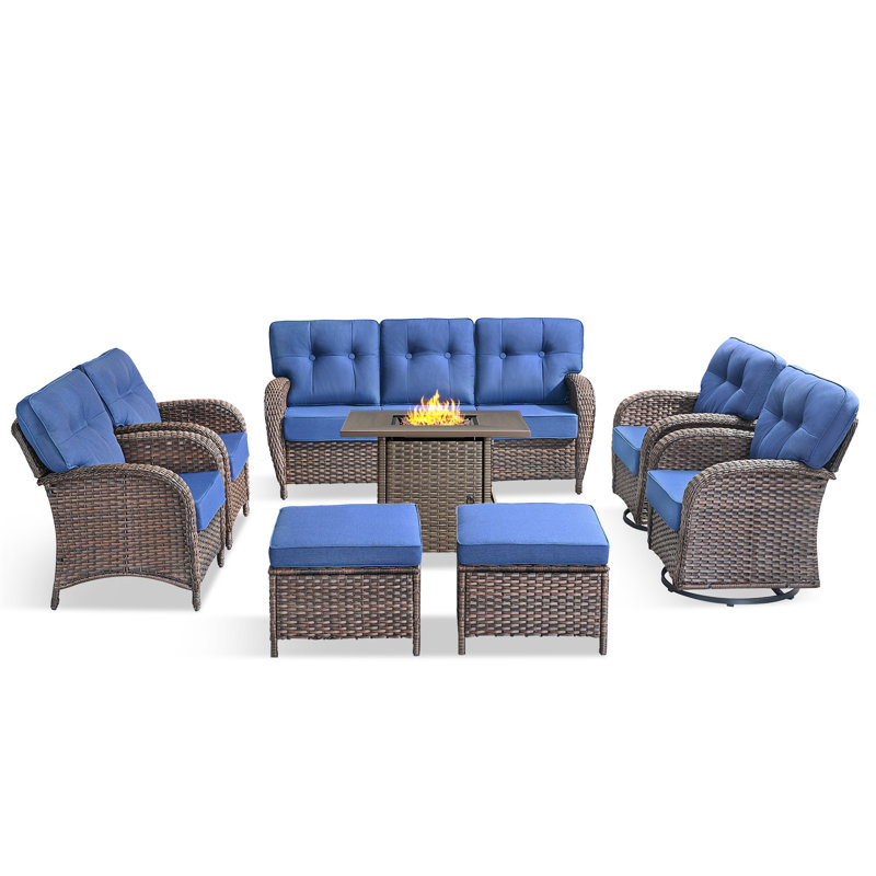 Teebeck 8-Piece Wicker Rattan Patio Conversation Set With Square Fire Pit Table And Swivel Chairs, Blue