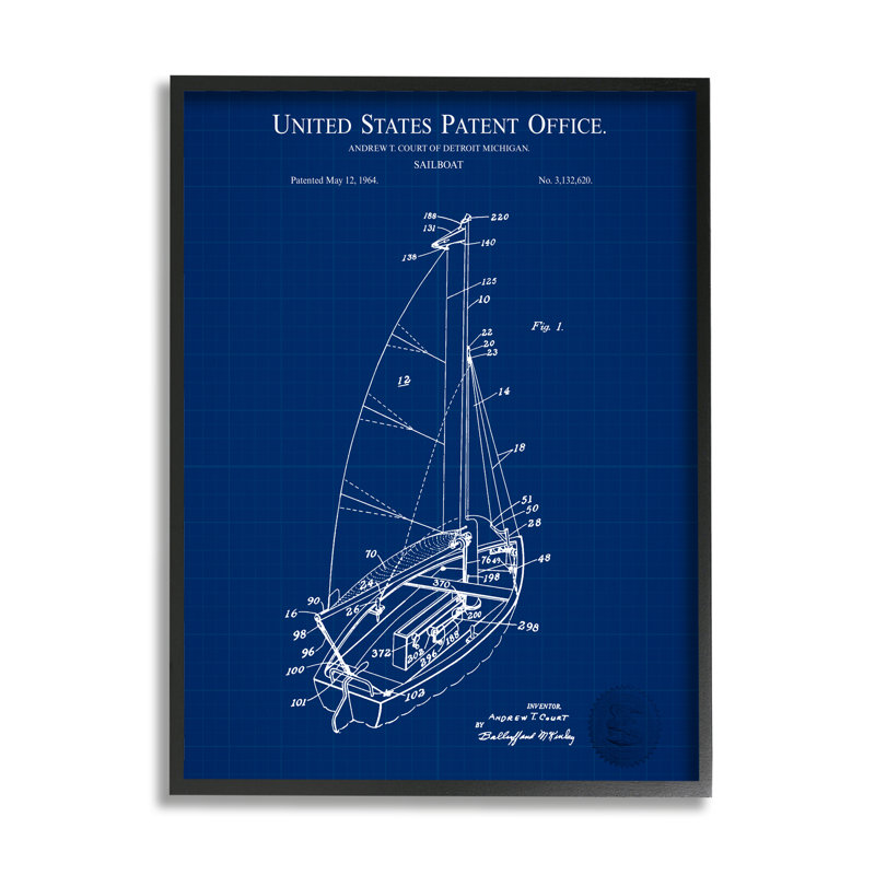 Schéma du plan directeur de l'office de brevet bleu pour voiliers, L 24 po x H 24 po, Giclée encadrée noir minuit