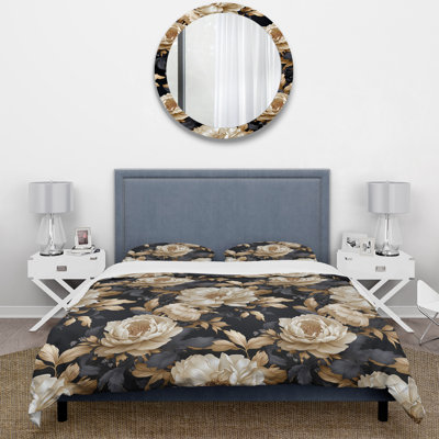Beige And Black Beauty Floral Pattern Floral Duvet Cover